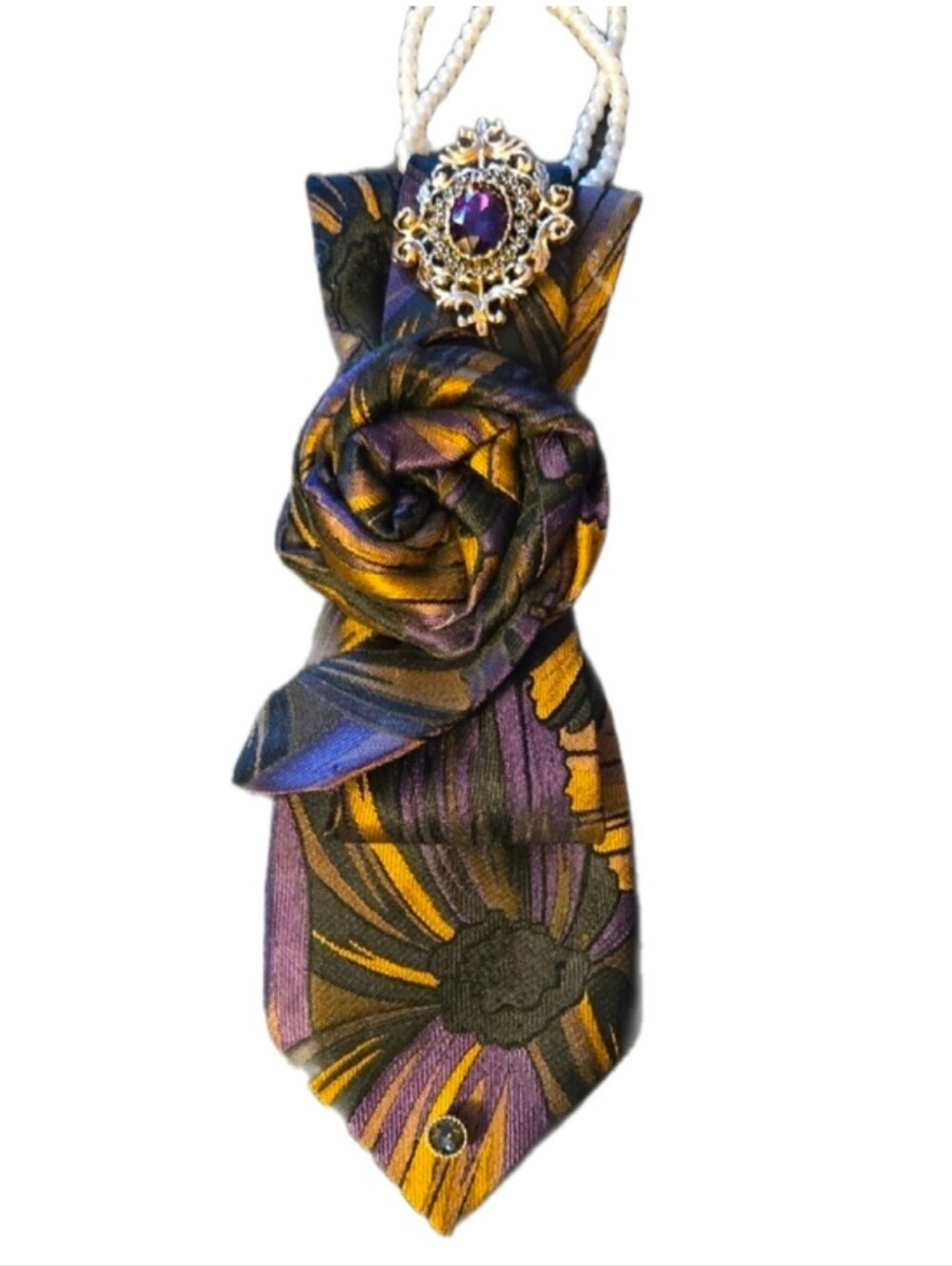3/$60 Floral Purple & Gold Cravat with Folded Rosette and Purple Gem Accent